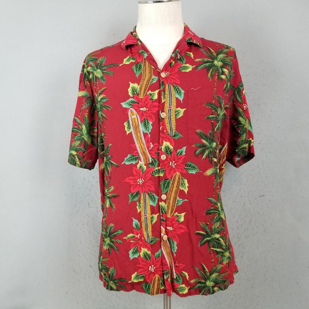 Paradise Found Shirt‎ Mens Medium Red Hawaiian Poinsettia Christmas Palm Rayon
